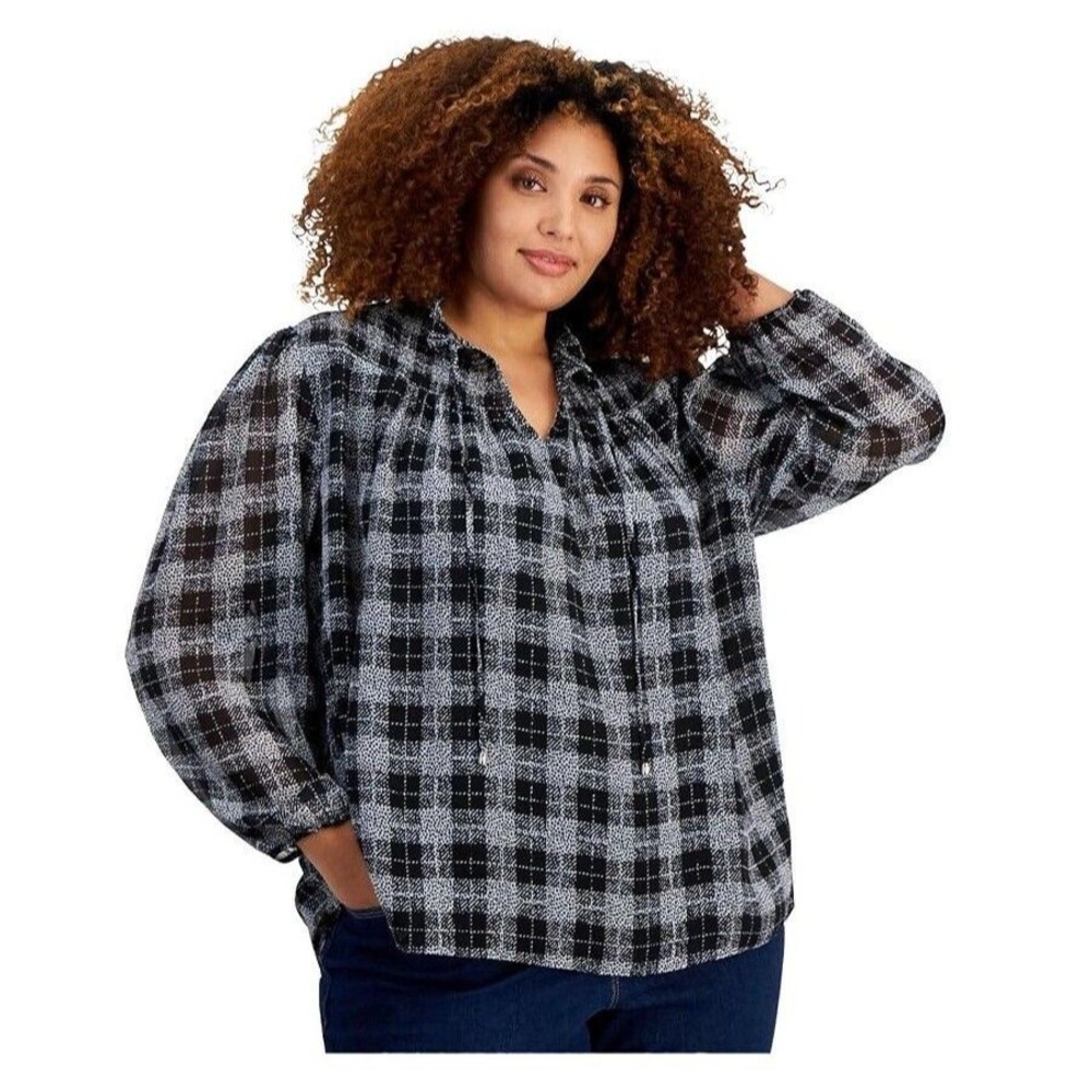 Tommy Hilfiger Womens Plus 2X Grey Black Plaid Long Sleeve Peasant Top NWT AM49